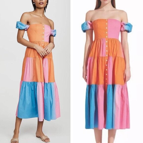 STAUD Elio Maxi Dress Sz2/4 Colorblock Tiered Off-Shoulder Cotton - Picture 1 of 6